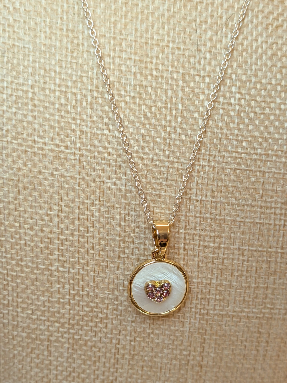 Gold Disc Necklace with Pink Crystal Heart Accent